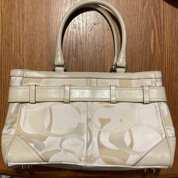 🤎🤎 Coach Signature Hampton Optic Bag Purse Stripe Cream White Satchel - Picture 2 of 16